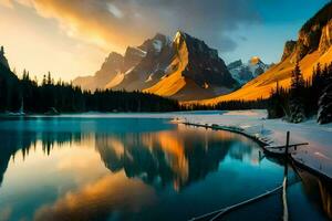 the mountains are reflected in the water at sunset. AI-Generated photo