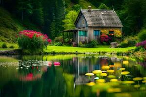 a small cottage is surrounded by flowers and trees. AI-Generated photo