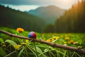 easter egg on a branch in a field. AI-Generated photo