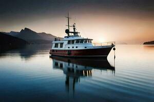 a boat is docked at sunset in a calm body of water. AI-Generated photo