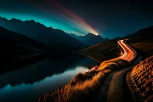un coche conducción a lo largo un la carretera en el montañas a noche. generado por ai foto