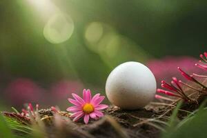 a white egg is sitting on the ground with pink flowers. AI-Generated photo