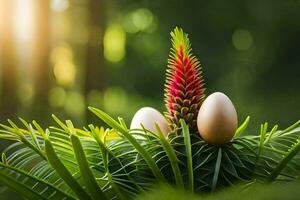 two eggs are sitting on top of a plant. AI-Generated photo