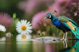 a peacock is standing in the water with flowers. AI-Generated photo