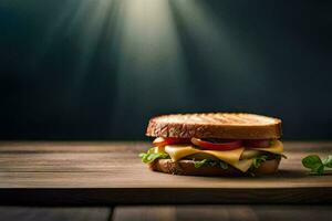 a sandwich with cheese, tomatoes and lettuce on a wooden table. AI-Generated photo