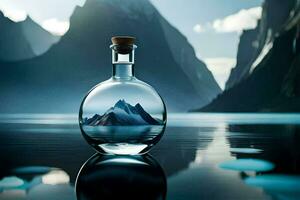 a bottle with a mountain in it sitting on the water. AI-Generated photo