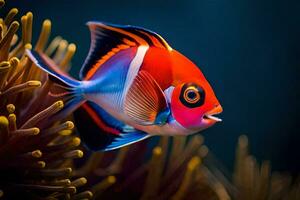 an orange and blue fish with a black background. AI-Generated photo