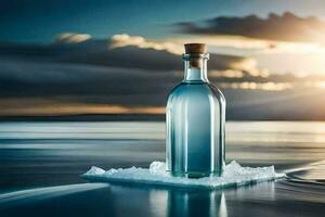 a bottle of water sits on the ice in the ocean. AI-Generated photo