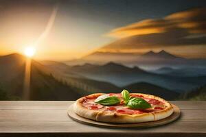 pizza on a wooden table with mountains in the background. AI-Generated photo