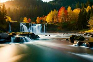 a waterfall in the forest with colorful trees. AI-Generated photo
