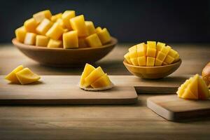 a table with a bowl of sliced mangoes and an orange. AI-Generated photo