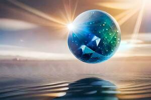 a blue crystal ball floating in the water. AI-Generated photo