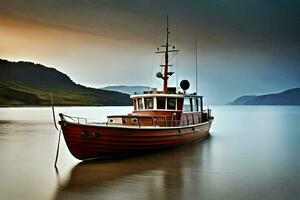 a red boat sitting on the water in front of mountains. AI-Generated photo