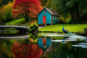 a peacock stands in front of a house with colorful trees. AI-Generated photo