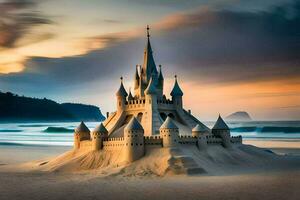 un castillo hecho fuera de arena en el playa. generado por ai foto