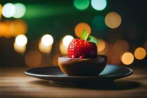 a strawberry on a plate with a lit background. AI-Generated photo