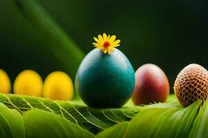 easter eggs on a green leaf. AI-Generated photo