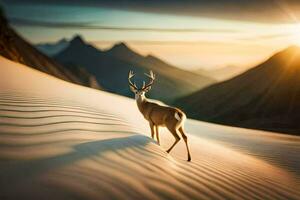 a deer stands in the sand at sunset. AI-Generated photo