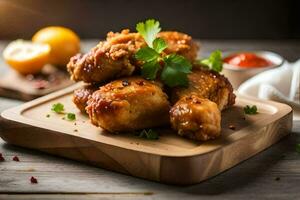 chicken wings on a wooden cutting board. AI-Generated photo