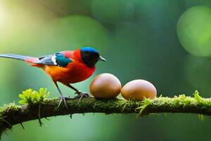 a bird sits on a branch with eggs. AI-Generated photo
