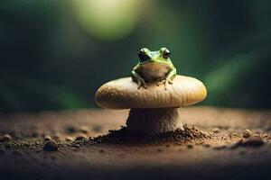 a frog sits on top of a mushroom in the forest. AI-Generated photo