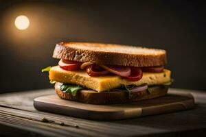 a sandwich with cheese, tomatoes and onions on a wooden board. AI-Generated photo