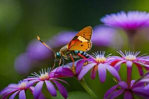 un mariposa en púrpura flores con un verde antecedentes. generado por ai foto