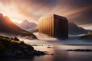 a building sits on the shore of a lake surrounded by mountains. AI-Generated photo
