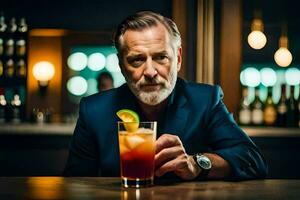 a man in a suit holding a cocktail. AI-Generated photo