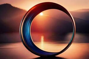 a ring is sitting on the water with the sun setting behind it. AI-Generated photo