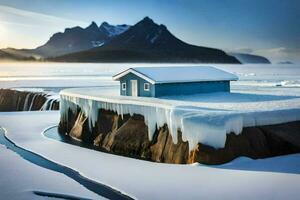 a small blue house sits on top of an ice covered island. AI-Generated photo