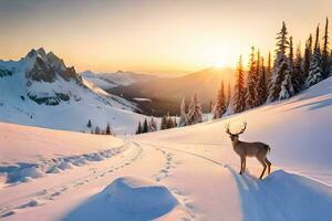 un ciervo soportes en el nieve a puesta de sol. generado por ai foto