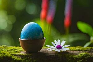 Pascua de Resurrección huevo en un de madera cuenco con un margarita. generado por ai foto
