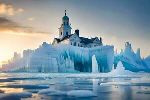 icebergs and a church in the middle of the ocean. AI-Generated photo