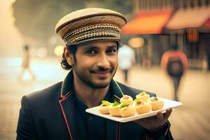 un hombre en un sombrero participación un plato con alimento. generado por ai foto