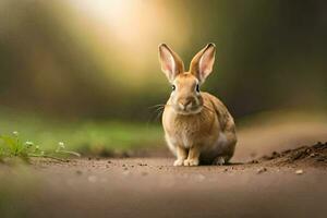a rabbit is sitting on the ground in the middle of a field. AI-Generated photo