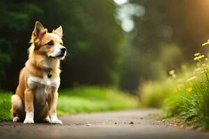 a dog sitting on the road in the middle of a field. AI-Generated photo