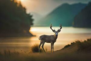 un ciervo soportes en frente de un lago a puesta de sol. generado por ai foto