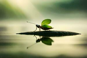 a bug sitting on a leaf in the water. AI-Generated photo