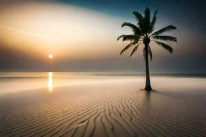 un solitario palma árbol soportes en el playa a puesta de sol. generado por ai foto