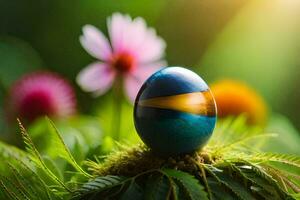 un Pascua de Resurrección huevo con un azul y oro raya se sienta en parte superior de un verde planta. generado por ai foto