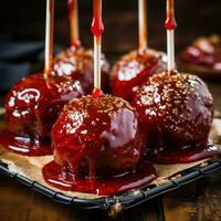 Delicious Glazed Red Toffee Candy Apples on Sticks photo