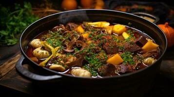 A Delicious Beef Broth with Bone-in Beef, Charred Vegetables, Garlic, and Spices photo