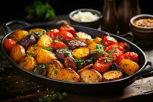 Delicious Roasted Fruits and Vegetables on a Rustic Wood photo