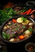 A Delicious Beef Broth with Bone-in Beef, Charred Vegetables, Garlic, and Spices photo