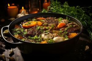 un delicioso carne de vaca caldo con con hueso carne de res, carbonizado verduras, ajo, y especias foto