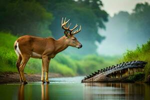 a deer and alligator in the water. AI-Generated photo