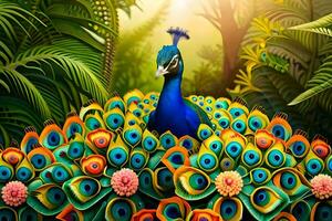 a colorful peacock is standing in the middle of a jungle. AI-Generated photo