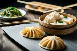 dumplings in a wooden bowl with chopsticks. AI-Generated photo
