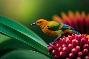 un vistoso pájaro es encaramado en un flor. generado por ai foto